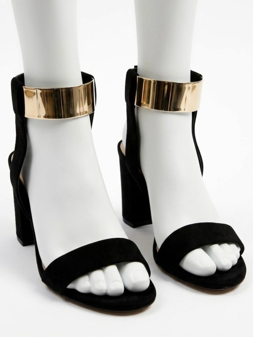 ZARA Black Faux Suede Gold Cuff Block Heels Sandals Size EU 38 (US 7.5)
